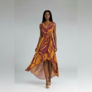 Sleeveless Wrap High-Low Dress in Burgundy & Mustard